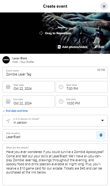 Example of what a Facebook event for a Zombie laser tag event could look like