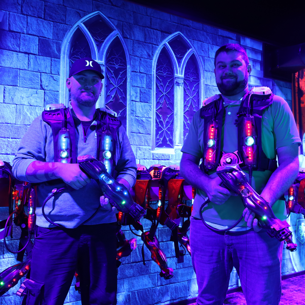 Two men facing forward wearing LaserBlast CyberBlast Pro equipment.