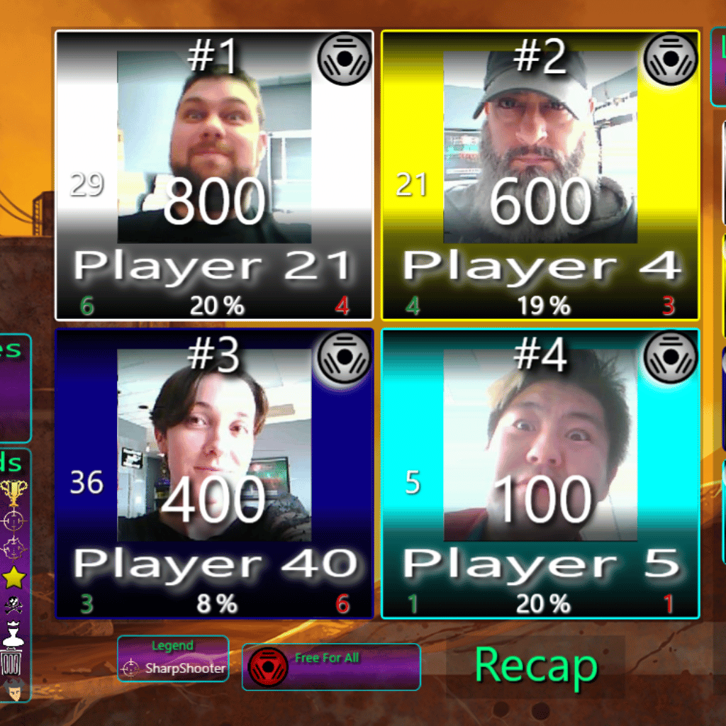 Four selfie photos with laser tag stats on CyberBlast scoreboard.