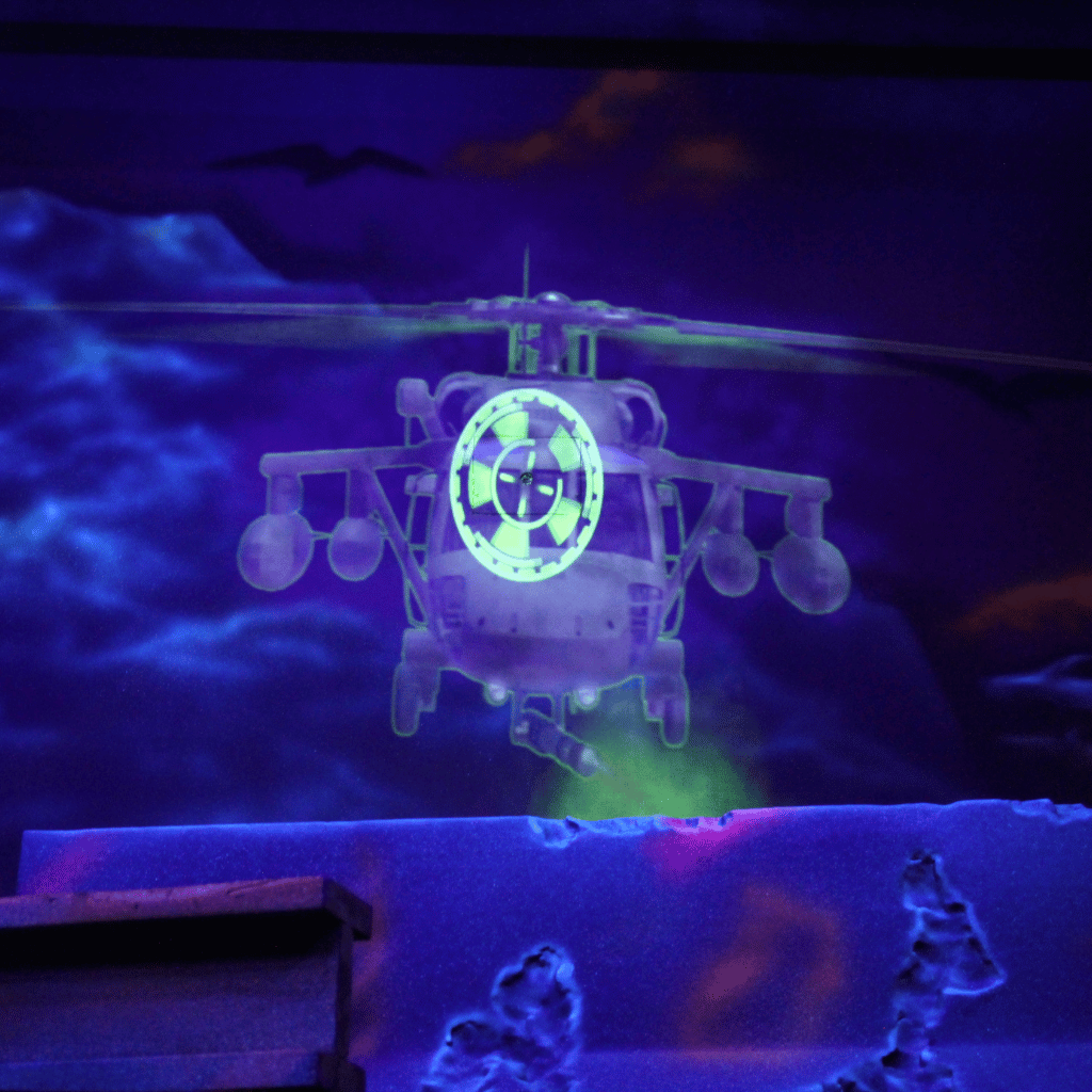 Helicopter AI Projector Target in a laser tag arena.