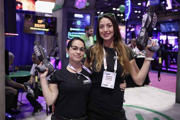 IAAPA 2019, Di Di and Julieta pose with Cyberblast Lasertag Equipment. Industrial, Immersive, and Innovative Lasertag Equipment Manufactured in Plymouth Michigan. Helping Operators since 1997 by providing World Record Breaking Lasertag Equipment.
