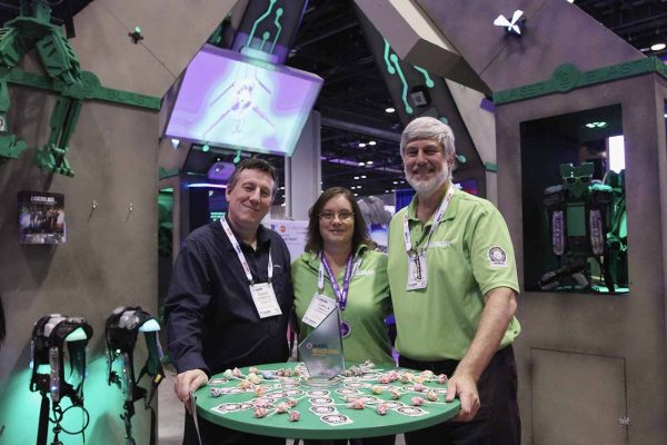 IAAPA 2019, Derek Giesbrecht with Smart Lasertag poses with Carla and Tim Ewald. Industrial, Immersive, and Innovative Lasertag Equipment Manufactured in Plymouth Michigan. Helping Operators since 1997 by providing World Record Breaking Lasertag Equipment.