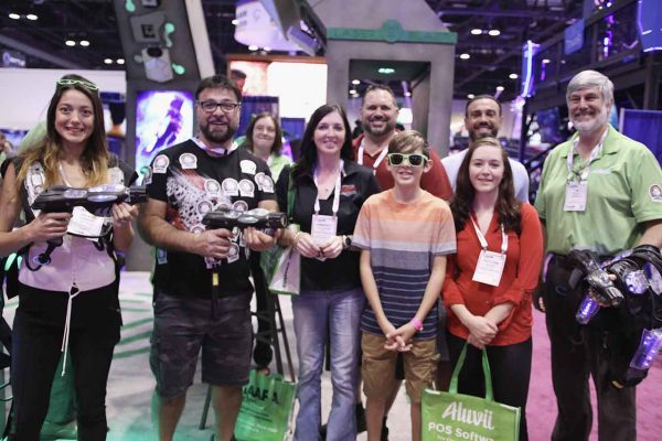 IAAPA 2019, Zap Zone Owner Ghazwan Ismail poses with his family and Tim Ewald. Industrial, Immersive, and Innovative Lasertag Equipment Manufactured in Plymouth Michigan. Helping Operators since 1997 by providing World Record Breaking Lasertag Equipment.